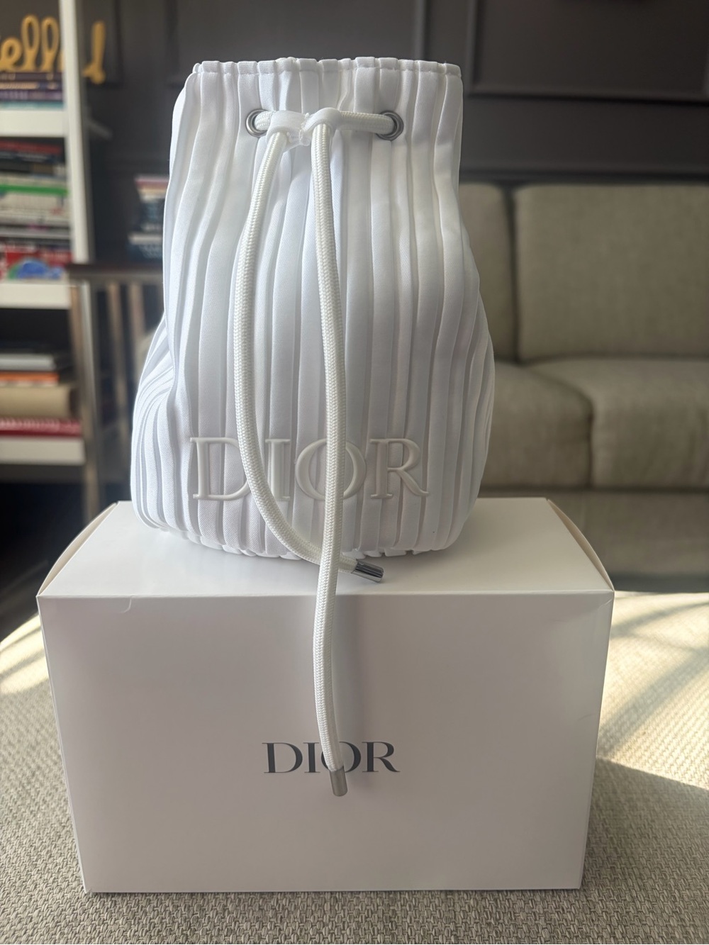 Dior Beauty White Pleated Drawstring Mini Bucket Bag/Pouch - New in Box